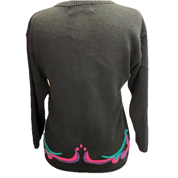 PA Intl. Knit Sweater Vtg Pullover L Black Crewel Embroidery Cotton 80's Preppy - Picture 3 of 6